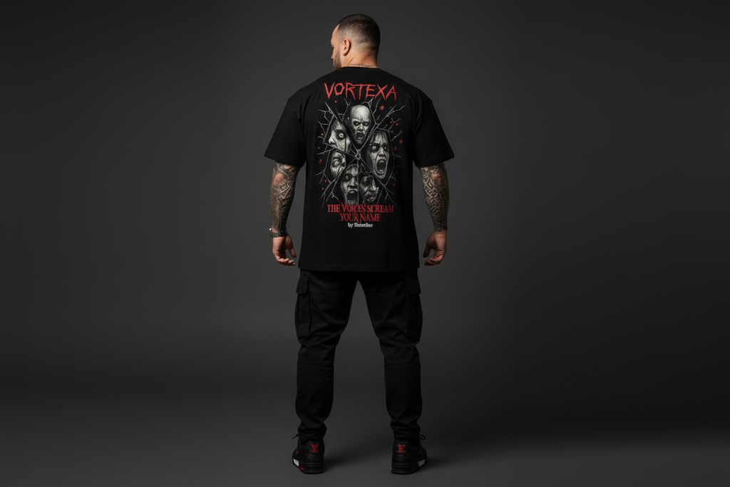 Черна тениска на тъмен фон