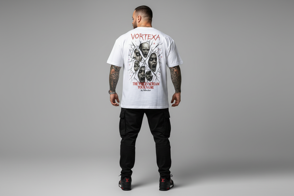 Гръб с бяла тениска и horror принт